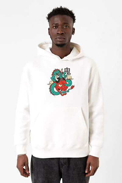 Tshirthane Anime majica sa kapuljačom za muškarce Dragon Samurai, bela, 3ip