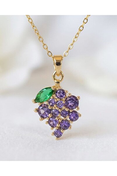 Grape Patterned Steel Necklace with Purple Gemstones Stylish Gift Option Stainless Durable