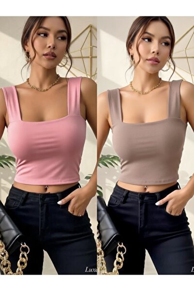 Olyssia Pachet de 2 bustiere crop top cu bretele, roz și nurcă, pentru femei