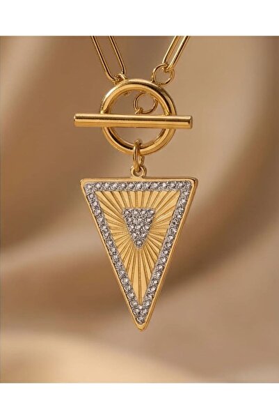 AYDESİA قلادة من الفولاذ المقاوم للصدأ بتصميم هندسي مفصل بحجر مثلث ذهبي اللون...