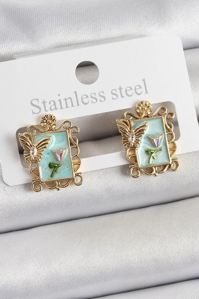 Skygo Brass Green Enamel Artistic Portrait Model Gold Color Women's Earrings ...