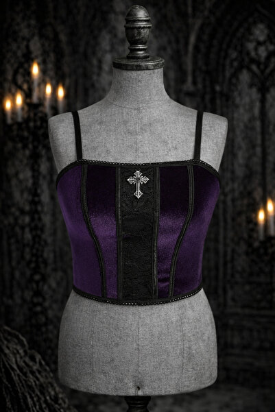 Mournbelle Gotik Ayarlanabilir Askılı Kadife Mor Crop Bluz