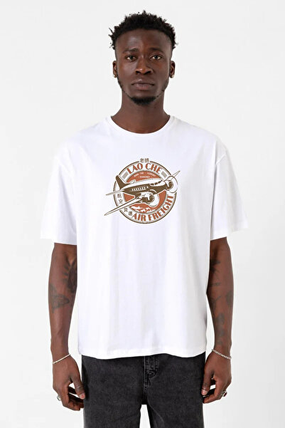 Tshirthane تي شيرت إنديانا جونز لاو تشي إير فريت أبيض للرجال بياقة دائرية