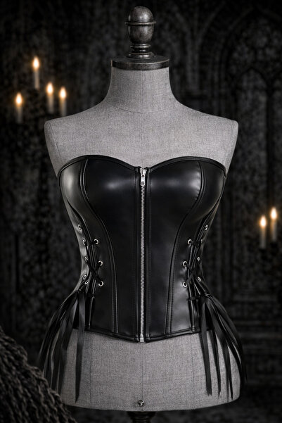 Mournbelle Fermuarlı Bağcık Detaylı Gotik Punk Suni Deri Korse