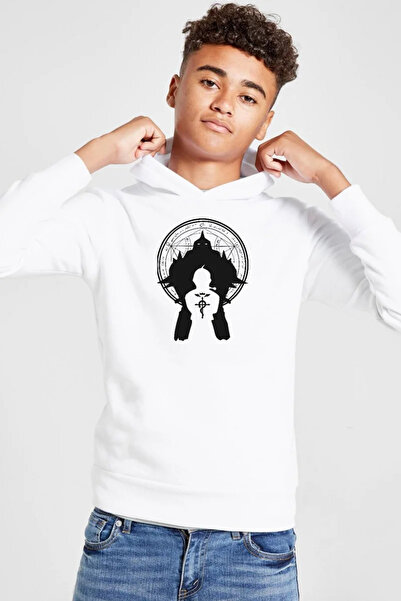 Tshirthane سويت شيرت بقلنسوة بشعار Fullmetal Alchemist Anime باللون الأبيض لل...