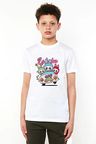 Tshirthane Labubu Exciting Macarons White Children's Bicycle T-Shirt