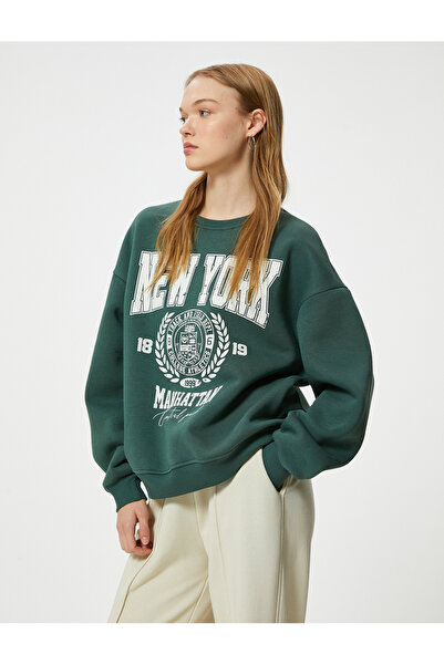 Koton Şardonlu Oversize Sweatshirt Kolej Baskılı Bisiklet Yaka Uzun Kollu