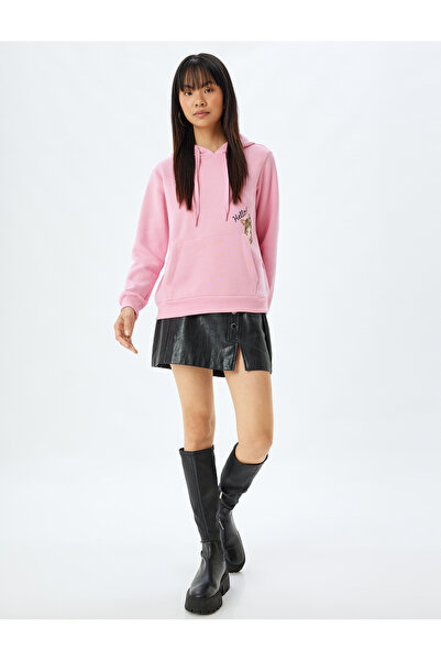 Koton Übergroßes Kapuzen-Sweatshirt – Katze mit Stickerei und Taschendetail