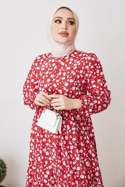 TRENDTESETTÜR KADIN KIRMIZI ÇİÇEK DESENLİ KUŞAKLI ELBİSE T 004