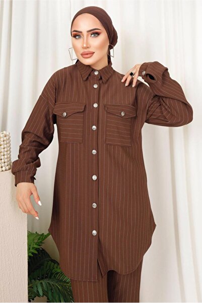 TRENDTESETTÜR KADIN KAHVE ÇİZGİLİ DÜĞMELİ PANTOLONLU TAKIM T 4333