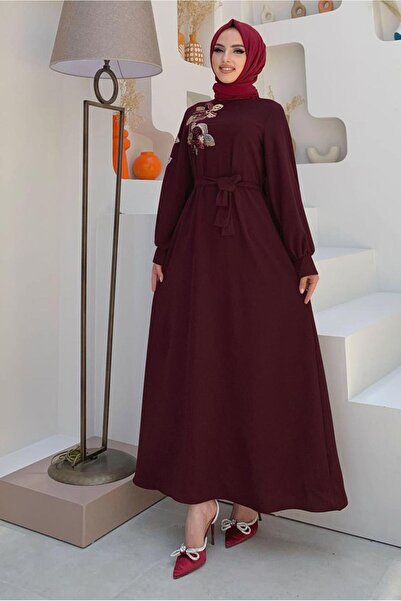 TRENDTESETTÜR KADIN BORDO PUL PAYET İŞLEMELİ BALON KOL ELBİSE T 8063