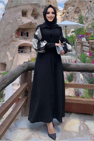 TRENDTESETTÜR KADIN GÜMÜŞ KOLLARI DESENLİ GÖMLEK YAKA KUŞAKLI ELBİSE T 0077