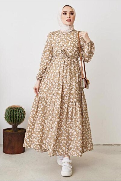TRENDTESETTÜR KADIN KAHVE (CAMEL) ÇİÇEK DESENLİ KUŞAKLI ELBİSE T 004