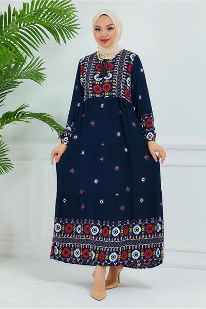 TRENDTESETTÜR Navy Blue Patterned Viscose Women's Dress - T 6830