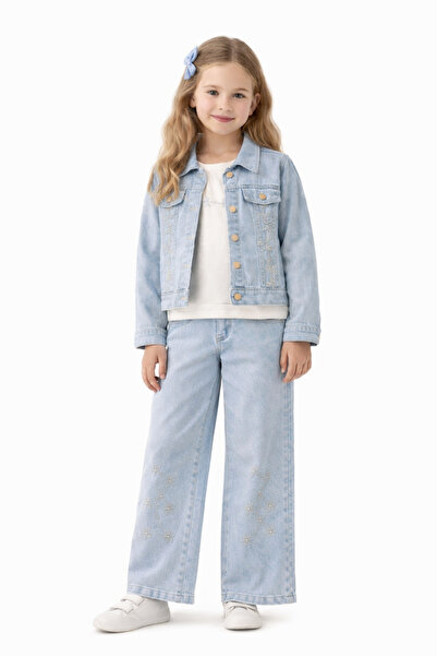 nazarbebe Κοριτσίστικο ανοιχτό μπλε τζιν μπουφάν και παντελόνι με φαρδιά μπατ...