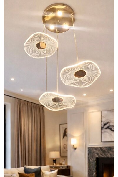 burenze Luxury Exclusive Üçlü Yuvarlak Sarkıt Led Avize Jellyfish Salon Mutfak Oturma Odası Avize Gold Sarı