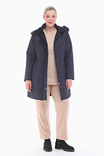 VETRE Women's Plus Size Hooded 75 cm Navy Blue Quilted Coat 1014
