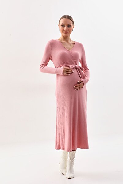 MEGHAN L.A Pembe Hamile Yumuşak Fitilli Kumaş Anvelop Elbise