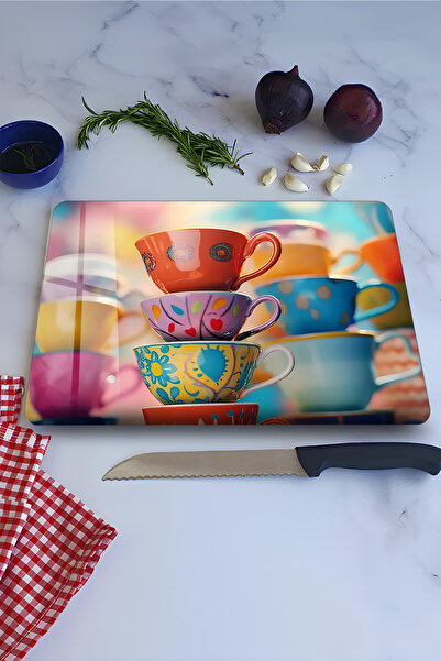 kutuTR Renkli Fincanlar Desenli Temperli Cam Kesme Tahtası 21x30 cm Ebadında ...