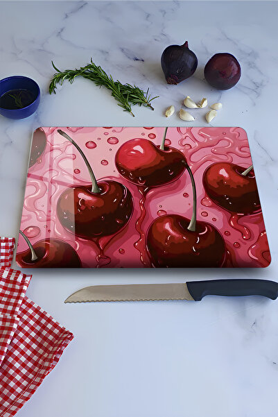 kutuTR Cherry Pattern Tempered Glass Cutting Board 21X30 cm Size Uv Printing ...