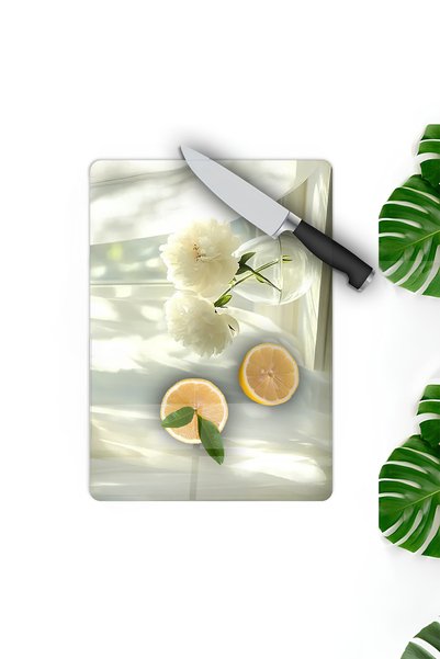 kutuTR White Flower and Light Reflection Themed Tempered Glass Cutting Board 21X30 cm Size Uv Printing - Ckt025