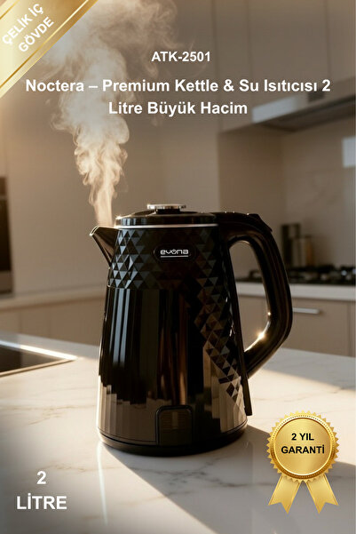 evona Kettle Noctera Premium Parlak Siyah Su Isıtıcısı Paslanmaz Çelik İç Gövde