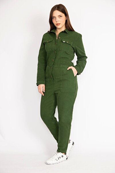 Şans Women's Green Large Size Front Buttoned Gabardine Jumpsuit 65n36260