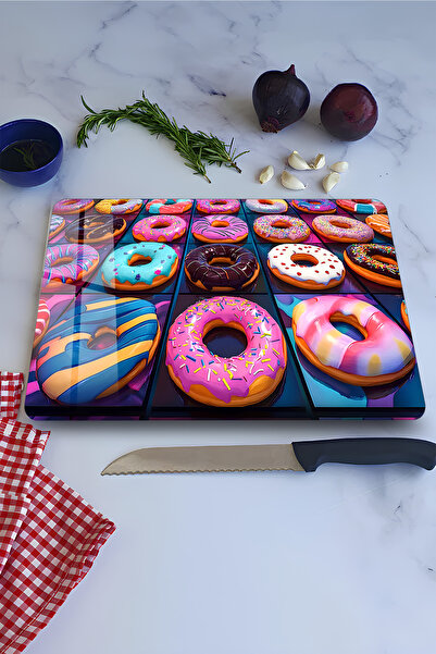 kutuTR Colorful Donut Pattern Tempered Glass Cutting Board 21X30 cm Size Uv P...
