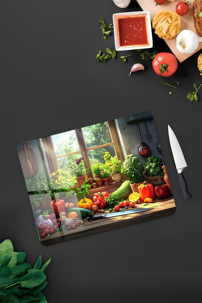 kutuTR Natural Kitchen View Tempered Glass Cutting Board 21X30 cm Size Uv Printing - Ckt016