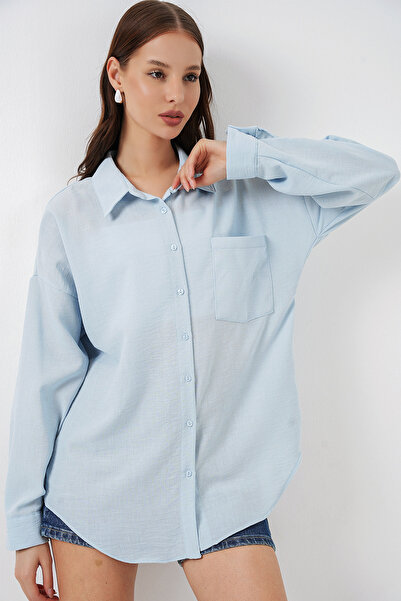Bigdart 20153 Cămașă oversize din in cu un singur buzunar - Albastru gheață