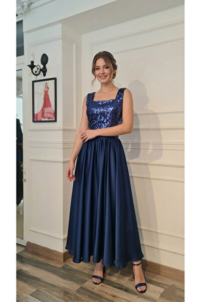 makbuleofficial Lacivert Payetli Kare Yakalı Bluz ,Midi Boy Büzgülü Etek