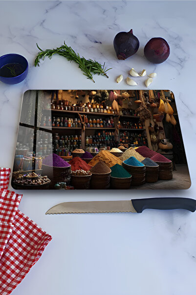 kutuTR Spice Market Themed Tempered Glass Cutting Board 21X30 cm Size Uv Prin...