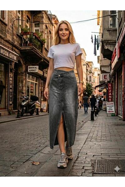 MY Asimetrik kemer detaylı yırtmaçlı 5 cepli uzun kot etek