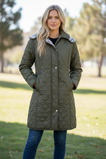 VETRE Kadın Büyük Beden Ekose 95 Cm Mevsimlik Haki Kapitone Mont 1040