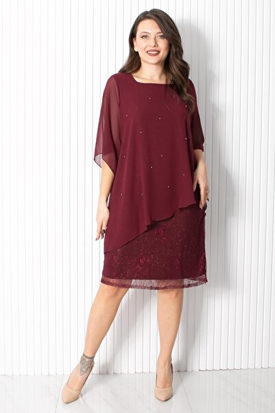 SUBU TASARIM Rochie de Seara din Sifon Perlat Bordeaux FHM908