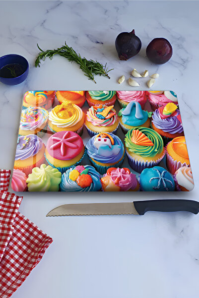 kutuTR Colorful Cupcake Pattern Tempered Glass Cutting Board 21X30 cm Size Uv...