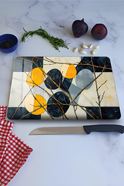 kutuTR Geometric Yellow and Navy Blue Pattern Tempered Glass Cutting Board 21...