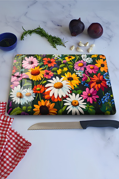 kutuTR Renkli Çiçek Bahçesi Desenli Temperli Cam Kesme Tahtası 21x30 cm Ebadı...