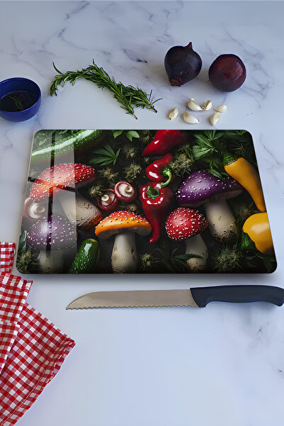 kutuTR Colored Mushroom and Vegetable Pattern Tempered Glass Cutting Board 21...