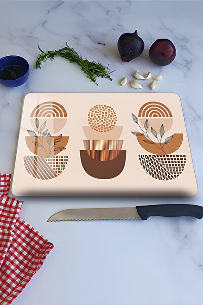 kutuTR Beige and Brown Geometric Shape Pattern Tempered Glass Cutting Board 2...