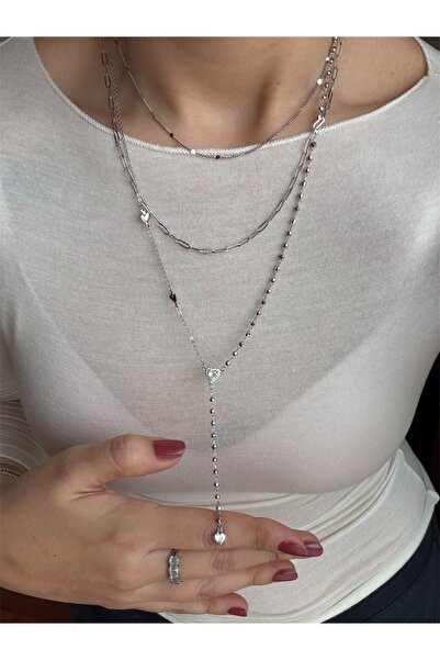 DGK COLLECTİON Gümüş renk rodyum kaplama çoklu tasarım,zarif 3'lü kolye seti