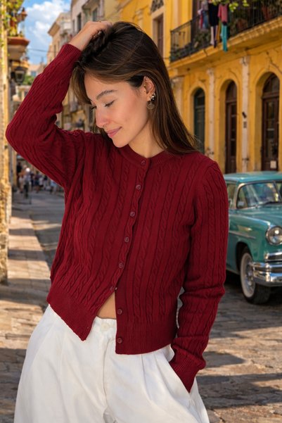 Butik Una Fiaba - Bordo Color Buttoned Hair Knit Women's Knitwear Cardigan
