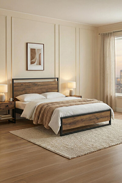 Ariane Wooden Double Metal Bedstead Black (WOODEN lath)