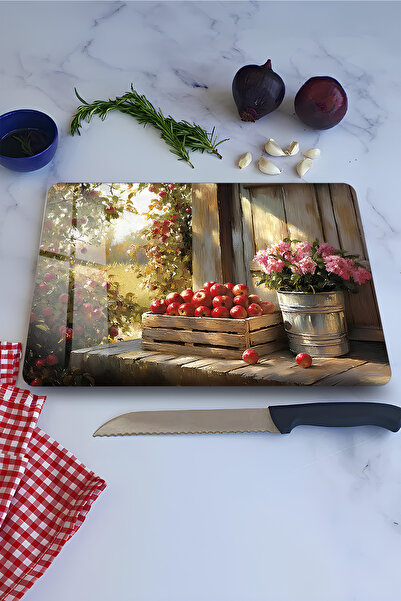 kutuTR Tempered Glass Cutting Board – Rustic Garden Themed with Apples and Fl...