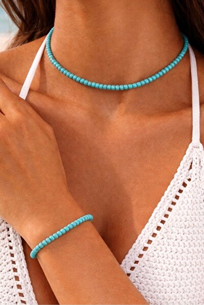 By Song Aksesuar مجموعة قلادة وسوار من الحجر الطبيعي باللون الفيروزي