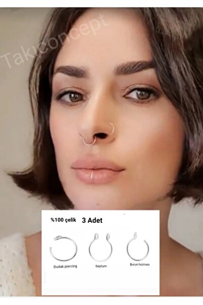 TakıConcept 3 Adet Çelik Deliksiz Piercing Hızma Burun Dudak Septum