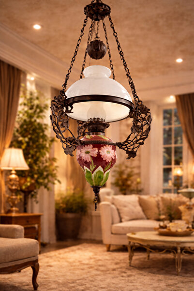 esdekor Çiçek Desen Avize Porselen Cam Metal Vintage El Yapım 110x40cm Zanaat...