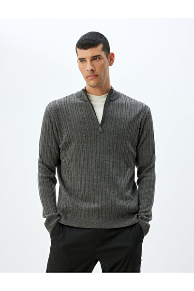 Koton سترة تريكو بياقة واقفة وسحاب - مزيج من الصوف