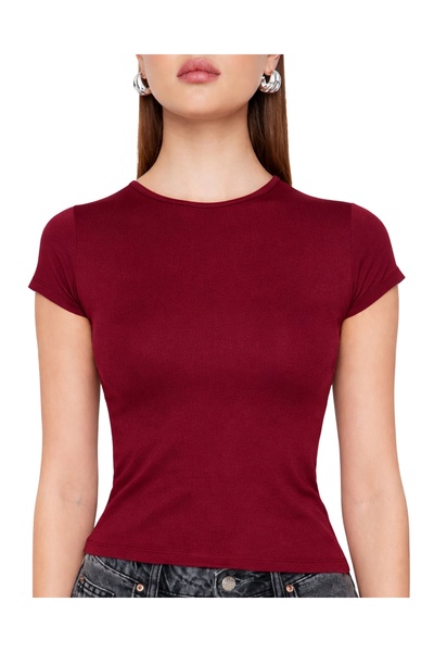 MODASPARK Burgundy Crew Neck Basic Ultra Soft Women's Short Sleeve Body