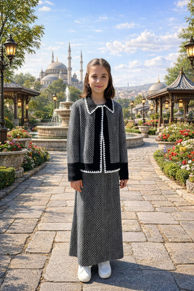 STYLENEST Kız Çocuk Ceket ve Elbise Takım Siyah Beyaz Jakarlı Uzun Kollu Şık ...